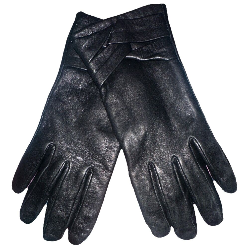 Isotoner Womens Genuine Leather Gloves Black Bow Wrist Fleece Lined Size 7.5